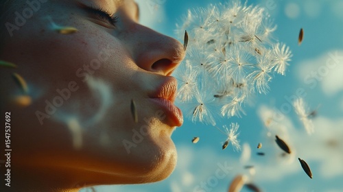 A close-up of a person blowing dandelion seeds