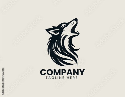 Howling wolf profile vector logo featuring geometric muzzle above stylized moon shape for adventure vibe