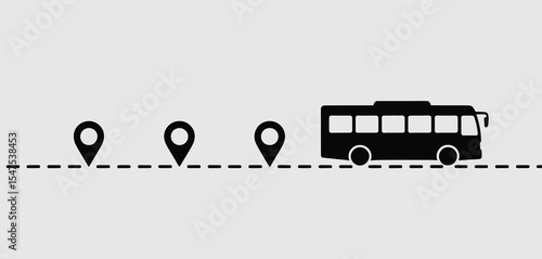 Bus Route Map with Location Pins and Dashed Line