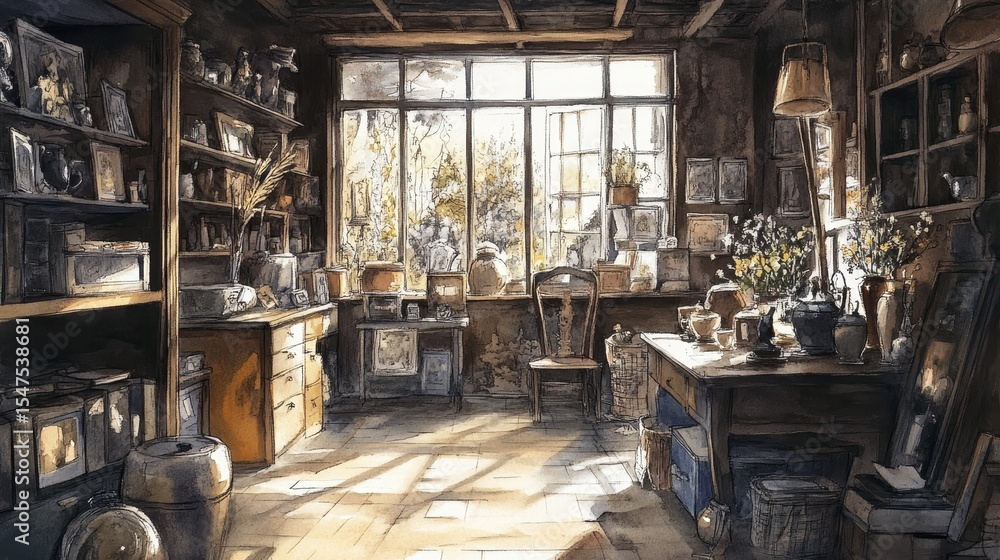 Cozy room interior with shelves objects window sunlight and a rustic aesthetic. Cozy room interior with shelves objects window sunlight and a rustic aesthetic.