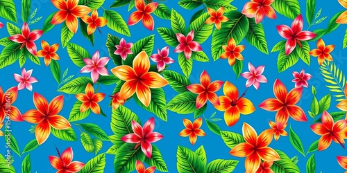 Vibrant blue background with lush tropical flowers and leaves in a seamless repeat pattern,  natural beauty,  repeating