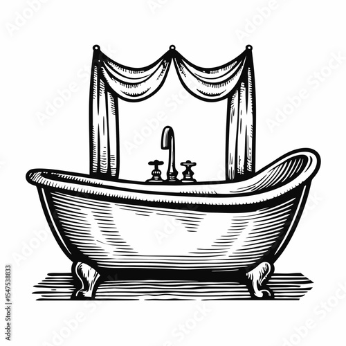Sparkling bathroom with clawfoot bathtub and elegant curtains. Luxurious bathroom interior design featuring a vintage bathtub, classic faucet, and decorative drapes.