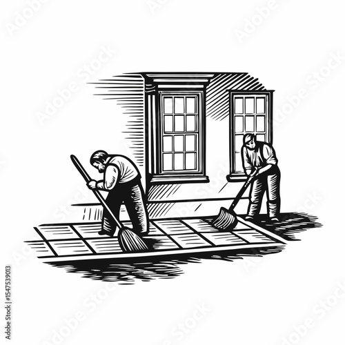 Office cleaning team scrubbing floor with brooms. Two workers diligently clean office floor tiles. Professional cleaning service ensures spotless workspace.
