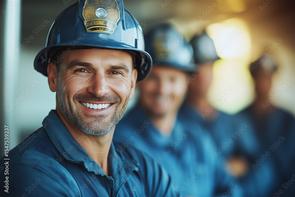 Smiling male fireman in blue helmet wearing a helmet, with a blurred team in the background, indoors with warm lighting. Smiling male fireman in blue helmet wearing a helmet, with a blurred team in the background, indoors with warm lighting.