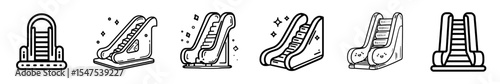 The modern escalator is depicted as an up-to-date icon, symbol, logo, and clipart, isolated from its surroundings, presented in a contemporary illustration style, set against a clean white background