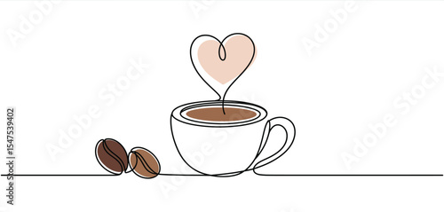 One Line Drawing of Coffee Cup with Heart Shaped Steam
