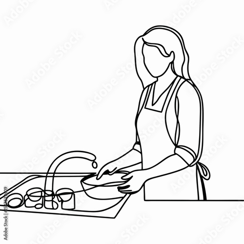 Woman washing dishes in kitchen sink.  Housewife in apron cleans dishes after dinner. Simple line drawing illustration of woman washing dishes for home decor or website design.