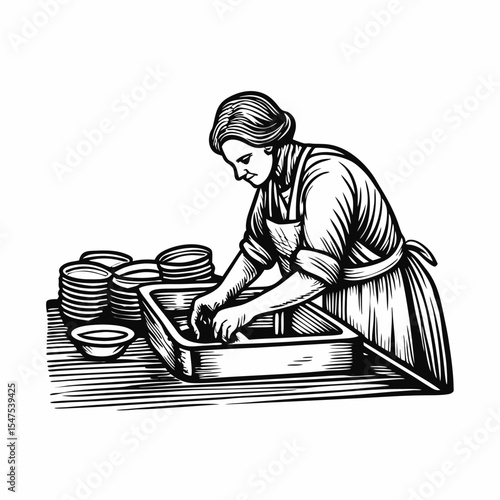 Woman washing dishes in vintage style kitchen.  Housewife cleaning dishes in a rustic sink.  Black and white illustration perfect for home decor prints and vintage style projects.
