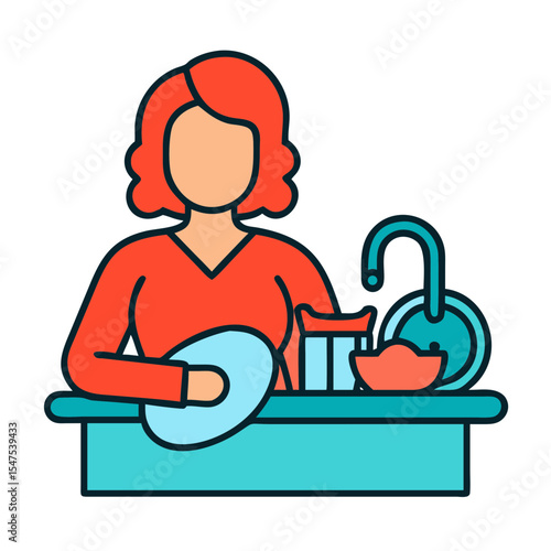 Woman washing dishes in kitchen sink. Housewife cleans dirty plates and bowls.  Cleaning dishes is daily chore.  This image is perfect for blogs and websites about homemaking and household chores.