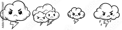Modern illustration of a cute angry stormy cloud and thunder cartoon emotion expression icon