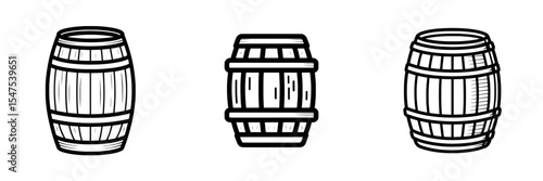 The icons include a wooden barrel, wine barrel, modern flat barrel sign, wine barrel sign, and UX UI icon