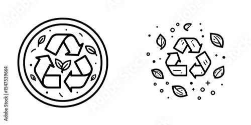 Eco sustainable design graphic element featuring a modern thin line icon outline illustration with circular leave leaf shapes for recycling biodegradable materials