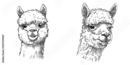 Isolated on a transparent background is a modern illustration of an alpaca head
