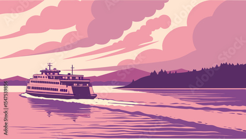 Ferry Boat at Sunrise Over Tranquil Waters