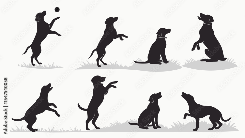 Fototapeta premium Black Dog Silhouettes in Various Playful Poses Sitting Standing Jumping Training Vector Illustration