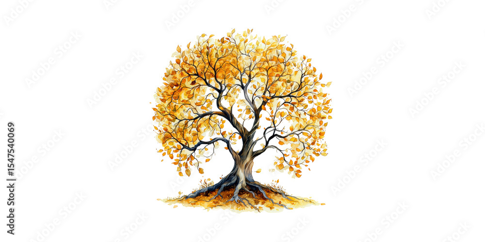 Fototapeta premium Watercolor Illustration Of Autumn Tree With Golden Leaves. Symbol Of Change And Natural Beauty Isolated On Transparent Background