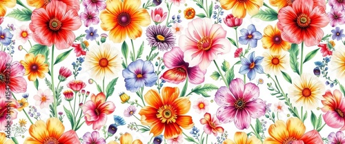Vibrant watercolor wildflower seamless pattern, hand-drawn botanical illustration, paper, rustic