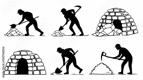 Manual Labor Construction Building Stone Structure Process Silhouette Hard Work Development Steps