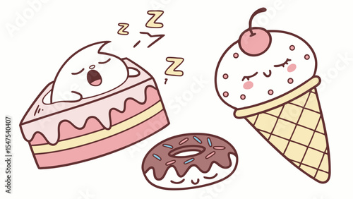 Cute cartoon sleeping desserts illustration. Sweet dreams cake, ice cream, donut. Kawaii food art.