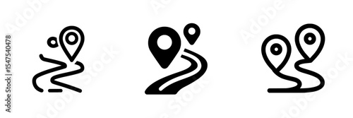 A simple black single route tracking icon in modern flat design, representing a 2-pin path searching spot, ideal for use in app ads, logotype, web, website, button, ui, ux interface elements, set
