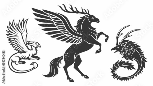 Mythical Fantasy Creatures Set Griffin Winged Stag Dragon Illustration Engraving Tattoo Style Black White Isolated