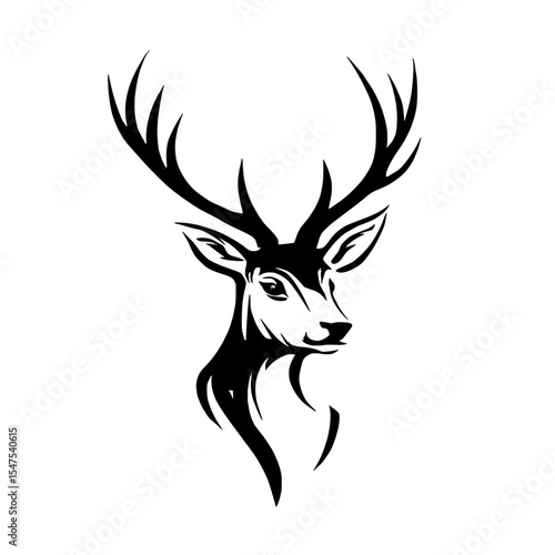 Stock was used to create a modern illustration of a black deer head silhouette with horns, stag, or hart, which can be used as a wildlife forest animal portrait symbol for a logo, isolated on white