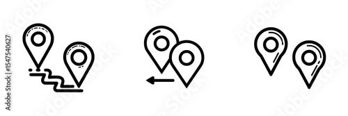 Map path distance icon and location icon to pinpoint another place, with map search and route navigator icon isolated on white background, including a map pointer icon