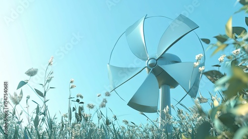 Futuristic windmill amidst serene meadow grasses.