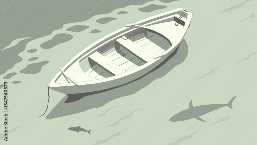Fototapeta premium Rowboat Floating Over Shark in Calm Green Water Scene