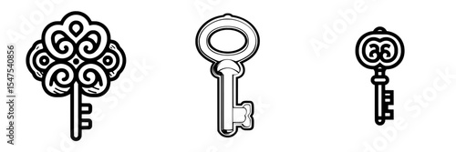 Modern illustration featuring a vintage key icon with black outlines