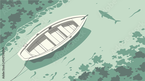 Tranquil Rowboat Floating Over Clear Water with Fish and Vegetation