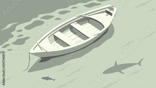 Rowboat Floating Over Shark in Calm Green Water Scene
