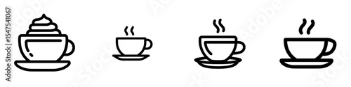 The icon for a coffee cup is modern, while the illustration of a tea cup serves as a sign, accompanied by the mocha symbol, tea logo, and hot drink mark