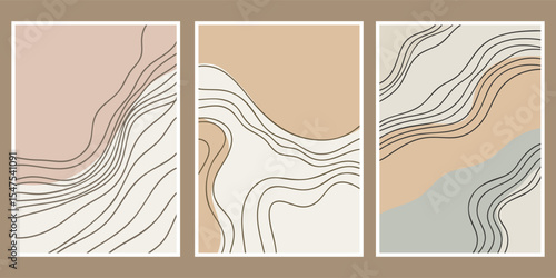 Collection of 3 abstract hand drawn retro boho style wall art