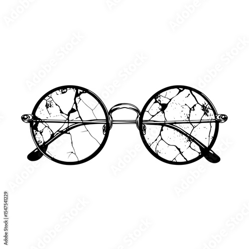 Modern illustration featuring a black silhouette design logo of damaged and cracked round retro vintage spectacles