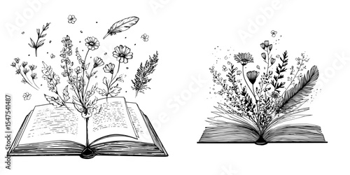 Open book with wildflowers and Floral book and feather isolated clip art, Book lovers hand drawn print