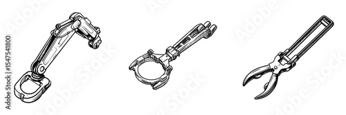 Modern illustration of a long reach grabber in black, featuring a litter picker and gripper as a trash device with a pick up tool and claw equipment resembling an arm and hand in flat style
