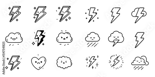 The icon set featuring lightning lines symbolizes concepts such as electricity, danger, voltage, thunderstorms, the sky, electrical currents, and natural occurrences, all in a multicolored pixel art