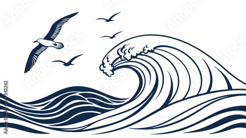 Blue simple stylized ocean wave and seagulls flying over the sea marine nature water illustration background design element vector art graphic