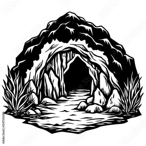 Cave entrance with rocks and vegetation in a mountain setting