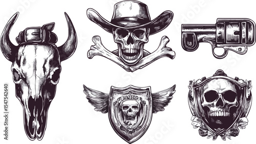 Collection of Western Themed Skull Illustrations with Bull Skull Cowboy Skull Revolver and Skull Emblems in Detailed Engraving Style Isolated on a White Background