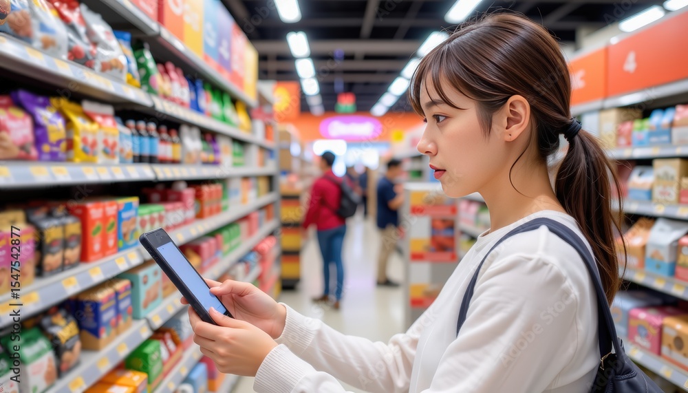 a teenager scanning a barcode in store to check online price, representing price checking behavior a teenager scanning a barcode in store to check online price, representing price checking behavior