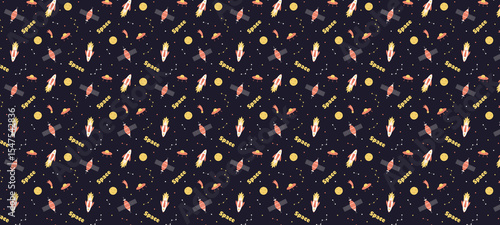 Space Banner background. Illustration Cosmos icons rocket cosmonaut stars satellite telescope comet.