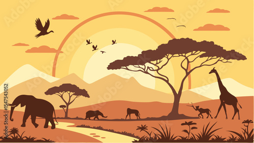 African Savanna Sunset Wildlife Landscape with Elephants Giraffes and Acacia Trees