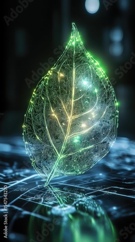 Glowing leaf veins, futuristic nature, dark background