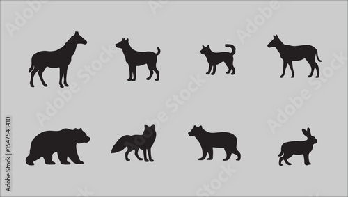 Collection of Eight Animal Silhouettes Giraffe, Dog, Puppy, Hyena, Bear, Fox, Wolf, and Rabbit