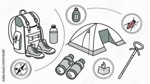 Outdoor Adventure Camping and Hiking Gear Essentials Set Backpack Tent Boots Compass Binoculars