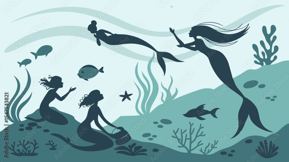 Fototapeta premium Cartoon mermaids underwater silhouette illustration fantasy mythical creatures ocean sea background for children kids stories
