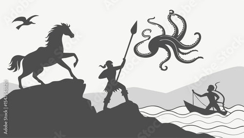 Silhouette fantasy myth epic legend scene with warrior spear horse octopus and boat on sea