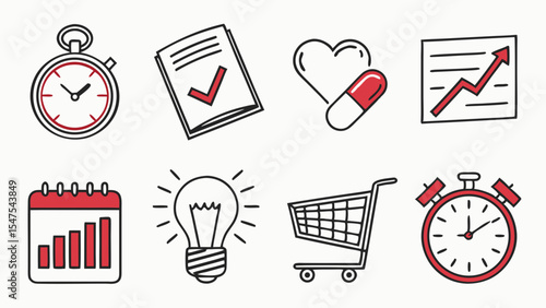 Business finance health time planning growth ideas shopping simple doodle style vector icons set